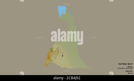 Area di Extrême-Nord, regione del Camerun, isolata su un solido sfondo in una scatola di delimitazione georeferenziata. Etichette. Mappa di rilievo topografico. Rendering 3D Foto Stock