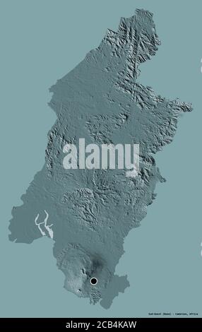 Forma di Sud-Ouest, regione del Camerun, con la sua capitale isolata su uno sfondo di colore pieno. Mappa di elevazione colorata. Rendering 3D Foto Stock