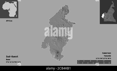 Forma di Sud-Ouest, regione del Camerun, e la sua capitale. Scala della distanza, anteprime ed etichette. Mappa elevazione bilivello. Rendering 3D Foto Stock