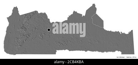 Forma di Sud, regione del Camerun, con la sua capitale isolata su sfondo bianco. Mappa elevazione bilivello. Rendering 3D Foto Stock