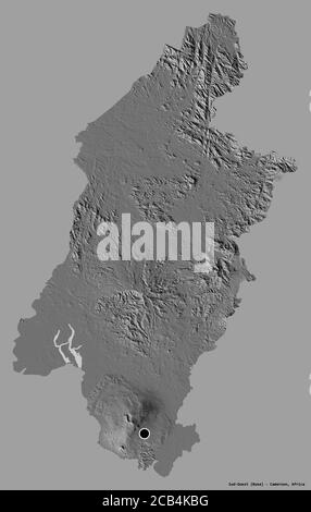 Forma di Sud-Ouest, regione del Camerun, con la sua capitale isolata su uno sfondo di colore pieno. Mappa elevazione bilivello. Rendering 3D Foto Stock