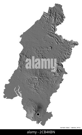 Forma di Sud-Ouest, regione del Camerun, con la sua capitale isolata su sfondo bianco. Mappa elevazione bilivello. Rendering 3D Foto Stock