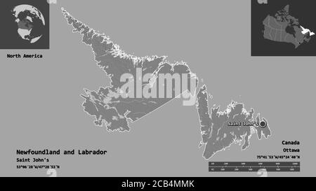 Forma di Terranova e Labrador, provincia del Canada, e la sua capitale. Scala della distanza, anteprime ed etichette. Mappa elevazione bilivello. Rendering 3D Foto Stock