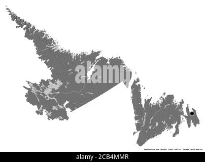 Forma di Terranova e Labrador, provincia del Canada, con la sua capitale isolata su sfondo bianco. Mappa elevazione bilivello. Rendering 3D Foto Stock