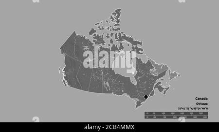 Forma desaturata del Canada con la sua capitale, la principale divisione regionale e l'area separata di Terranova e Labrador. Etichette. Mappa elevazione bilivello. Foto Stock