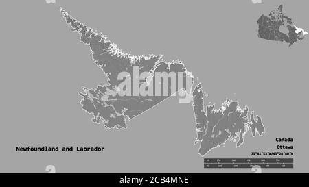 Forma di Terranova e Labrador, provincia del Canada, con la sua capitale isolata su solido sfondo. Scala della distanza, anteprima della regione ed etichette. Bile Foto Stock