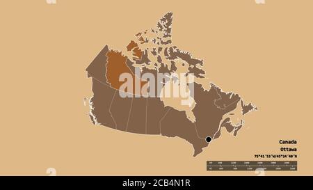 Forma desaturata del Canada con la sua capitale, la principale divisione regionale e l'area separata dei territori del Nord-Ovest. Etichette. Composizione di te modellato Foto Stock