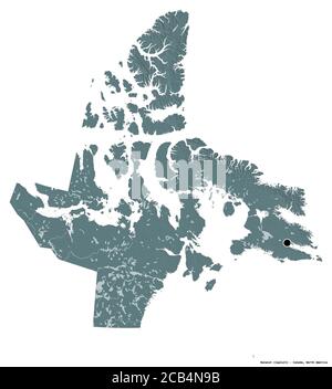 Forma di Nunavut, territorio del Canada, con la sua capitale isolata su sfondo bianco. Mappa di elevazione colorata. Rendering 3D Foto Stock