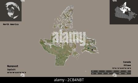 Forma di Nunavut, territorio del Canada, e la sua capitale. Scala della distanza, anteprime ed etichette. Immagini satellitari. Rendering 3D Foto Stock