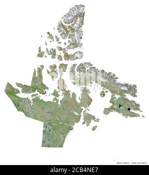 Forma di Nunavut, territorio del Canada, con la sua capitale isolata su sfondo bianco. Immagini satellitari. Rendering 3D Foto Stock