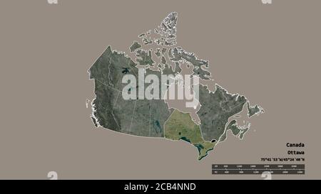 Forma desaturata del Canada con la sua capitale, la principale divisione regionale e l'area separata dell'Ontario. Etichette. Immagini satellitari. Rendering 3D Foto Stock