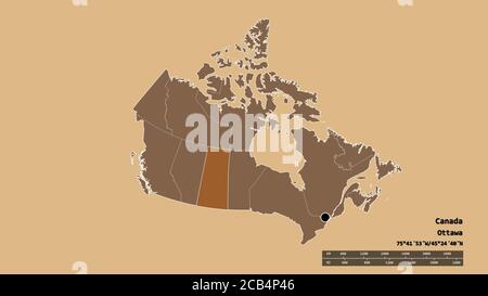 Forma desaturata del Canada con la sua capitale, la principale divisione regionale e l'area separata Saskatchewan. Etichette. Composizione di texture con motivi. 3 Foto Stock