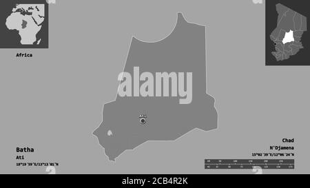 Forma di Batha, regione del Ciad, e la sua capitale. Scala della distanza, anteprime ed etichette. Mappa elevazione bilivello. Rendering 3D Foto Stock