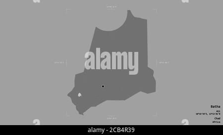 Area di Batha, regione del Ciad, isolata su uno sfondo solido in una scatola di delimitazione georeferenziata. Etichette. Mappa elevazione bilivello. Rendering 3D Foto Stock