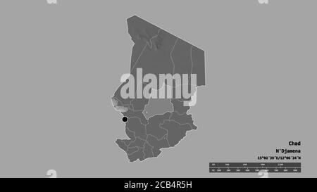Forma desaturata del Ciad con la sua capitale, la principale divisione regionale e la zona separata di Batha. Etichette. Mappa elevazione bilivello. Rendering 3D Foto Stock