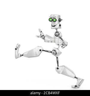 divertente robot cartoon pazzo camminare lungo in uno sfondo bianco, illustrazione 3d Foto Stock