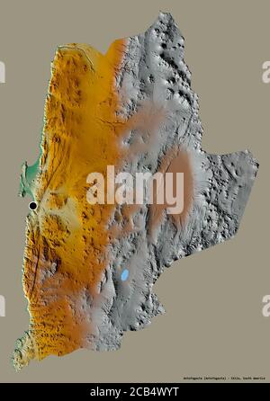 Forma di Antofagasta, regione del Cile, con la sua capitale isolata su uno sfondo di colore pieno. Mappa di rilievo topografico. Rendering 3D Foto Stock