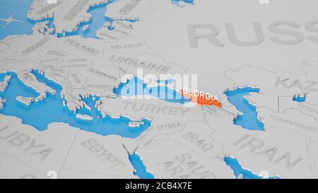 La Georgia è evidenziata su una mappa del mondo 3D semplificata bianca. Rendering 3D digitale. Foto Stock