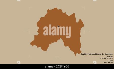 Area di Región metropolitana de Santiago, regione del Cile, isolata su uno sfondo solido in una scatola di delimitazione georeferenziata. Etichette. Composizione del brevetto Foto Stock