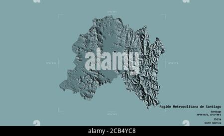 Area di Región metropolitana de Santiago, regione del Cile, isolata su uno sfondo solido in una scatola di delimitazione georeferenziata. Etichette. Elevazione colorata m Foto Stock