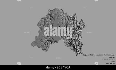 Area di Región metropolitana de Santiago, regione del Cile, isolata su uno sfondo solido in una scatola di delimitazione georeferenziata. Etichette. Elevazione bilivello m Foto Stock