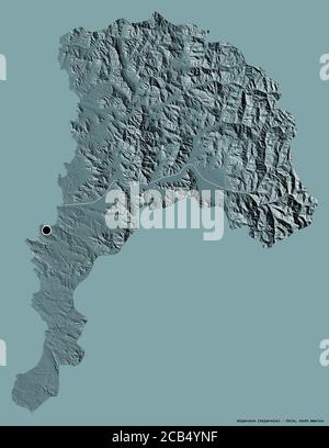 Forma di Valparaíso, regione del Cile, con la sua capitale isolata su uno sfondo di colore pieno. Mappa di elevazione colorata. Rendering 3D Foto Stock