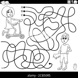 Cartoon bianco e nero Illustrazione di linee gioco Puzzle labirinto Con Girl on Scooter e Boy con Skateboard Coloring Book Pagina Illustrazione Vettoriale