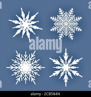 Set di fiocchi di neve bianchi di carta natalizia con ombra su sfondo blu scuro. Elementi da neve per Felice anno nuovo e buono di auguri di buon Natale Illustrazione Vettoriale