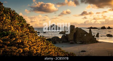 Splendido tramonto sulla formazione di Castle Rock a Bandon Beach in Oregon. Foto Stock