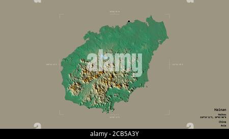 Area di Hainan, provincia della Cina, isolata su uno sfondo solido in un rettangolo di selezione georeferenziato. Etichette. Mappa di rilievo topografico. Rendering 3D Foto Stock