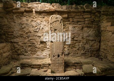 La Stela 35 nell'edificio 21 raffigura Lady Evenstar, la madre del re uccello Jaguar IV Sta svolgendo una cerimonia di afflusso del sangue. Le rovine del Maya Foto Stock