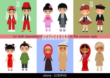 Set di simpatici personaggi chibi in costumi nazionali in stile fumetto piatto. Illustrazione vettoriale Foto Stock