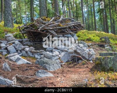 fiaba casa per nani in foresta costruita da bambini di pietre, legno e muschio, giocando nella foresta, albero sfondo Foto Stock