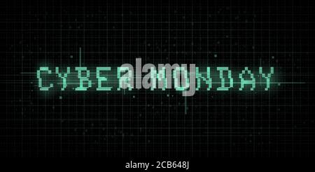 Banner Cyber monday. Effetto glitch, VHS, retro cyber style, pixel 8 bit tipografia su sfondo scuro con codice binario. Design per banner, copertina, web Illustrazione Vettoriale