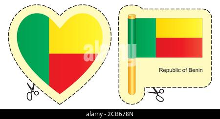 Bandiera del Benin. Simbolo di taglio vettoriale qui, isolato su bianco. Può essere utilizzato per design, adesivi, souvenir. Illustrazione Vettoriale