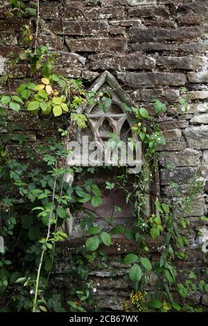 Resti e bonifica per natura della Chiesa di Santa Maria Vergine. Tintern, Monmouthshire, Galles, Regno Unito. Navata centrale e torre. Distrutto da un incendio 1977. Foto Stock