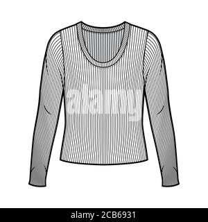 Maglione a maglia con manico a coste, illustrazione tecnica della moda a maniche lunghe, corpo oversize. Modello di abbigliamento da outwear piatto, colore bianco frontale. Donna uomo maglia unisex top mockup CAD Illustrazione Vettoriale