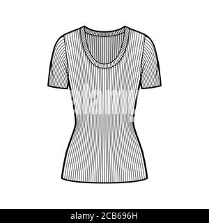 Maglione a maglia con manico a coste, illustrazione tecnica della moda con maniche a coste corte, lunghezza tunica. Modello di abbigliamento da outwear piatto, colore bianco. Donna, uomo, maglia unisex top mockup CAD Illustrazione Vettoriale