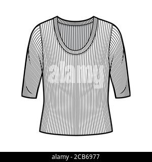 Maglione a maglia con collo a coste illustrazione tecnica della moda con maniche a gomito, corpo oversize. Modello di abbigliamento da outwear piatto, colore bianco. Donna, uomo maglia unisex top mockup CAD Illustrazione Vettoriale