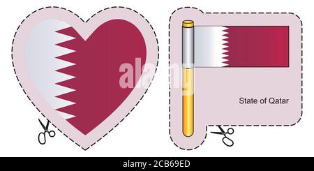 Bandiera del Qatar. Simbolo di taglio vettoriale qui, isolato su bianco. Può essere utilizzato per design, adesivi, souvenir. Illustrazione Vettoriale