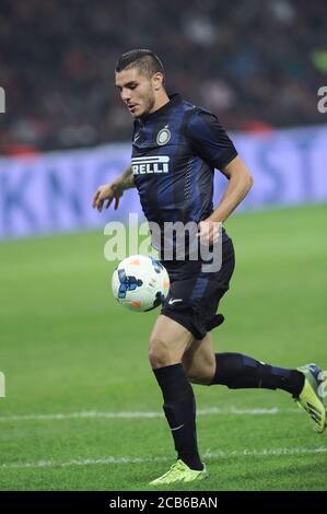 Milano Italia, 05 ottobre 2013, Stadio 'G.MEAZZA SAN SIRO', campionato di Calcio Seria A 2013/2014, FC Inter - COME Roma: Mauro Icardi in azione durante la partita Foto Stock