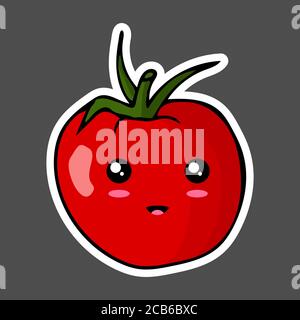 Adesivo colorato di pomodoro con cartoni animati Kawaii. Illustrazione vettoriale isolata su sfondo scuro. Illustrazione Vettoriale