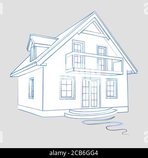 Disegno lineare a matita della casa. Silhouette bianca di una casa di tipo cottage. Isolato. Vettore Illustrazione Vettoriale