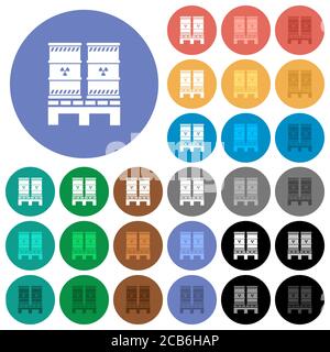 Pallet con residui radioattivi icone piatte multicolore su fondo arrotondato. Incluse variazioni delle icone bianche, chiare e scure per il passaggio del mouse e lo stato attivo Illustrazione Vettoriale