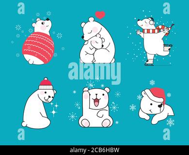 Set di piccoli orsi polari disegnati a mano in diverse pose su sfondo blu con fiocchi di neve. Concetto di Natale. Illustrazione vettoriale. Illustrazione Vettoriale