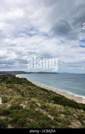 Spiaggia deserta a Brunico Island Neck Game Reserve, Brunico Island, Tasmania, Australia Foto Stock