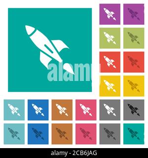 Icone piatte multicolore Rocket su sfondi quadrati. Incluse variazioni delle icone bianche e più scure per il passaggio del mouse o gli effetti attivi. Illustrazione Vettoriale