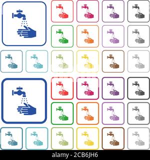 Icone piatte a colori per il lavaggio delle mani in cornici quadrate arrotondate. Versioni sottili e spesse incluse. Illustrazione Vettoriale