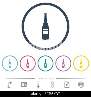 Bottiglia di vino con etichette piatte a colori con contorni rotondi. 6 icone bonus incluse. Illustrazione Vettoriale