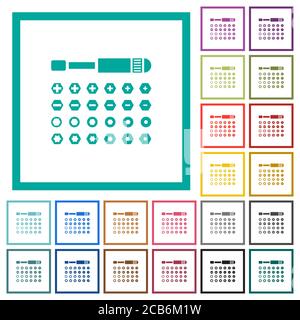 Set di punte per cacciaviti icone a colori piatti con cornici quadranti su sfondo bianco Illustrazione Vettoriale